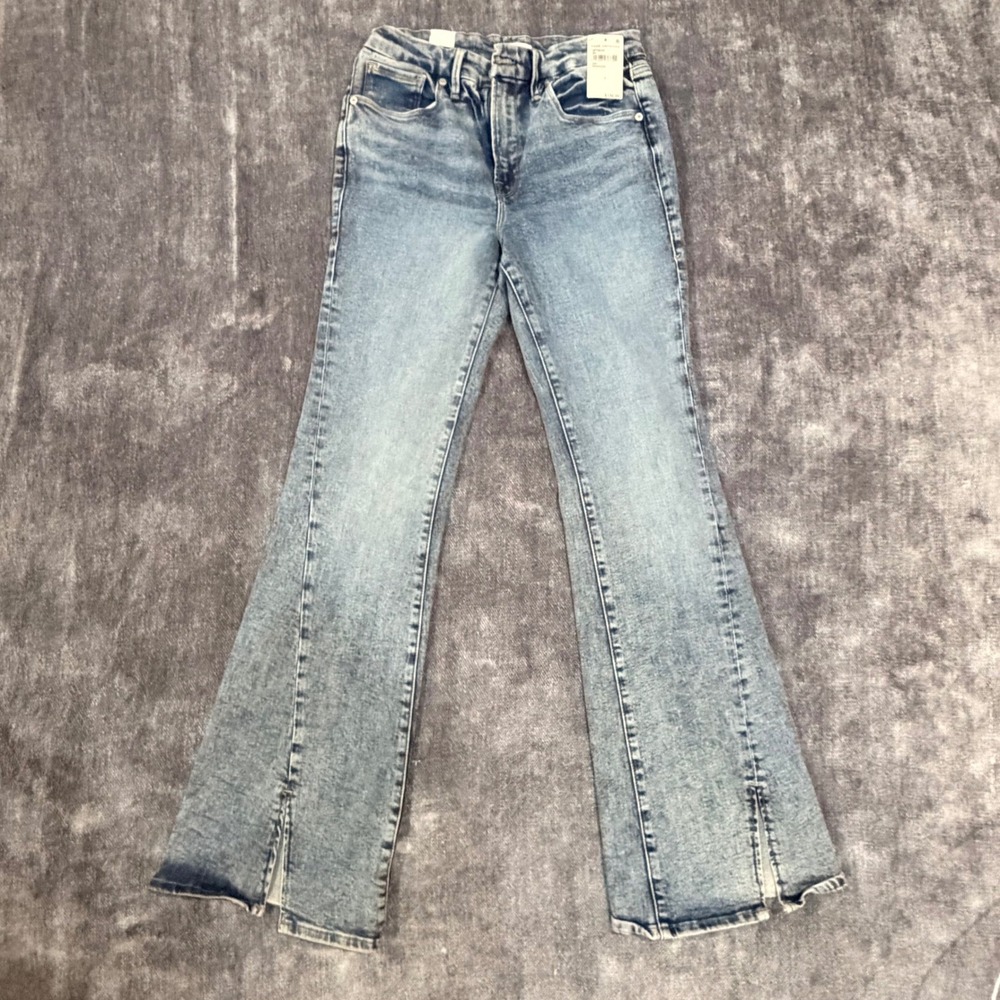 Good American High Rise Flare Jeans Front Slit Indigo255 Blue Size 4/27 NWT $150